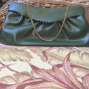Elegant Green Leather Clutch with Gold Chain